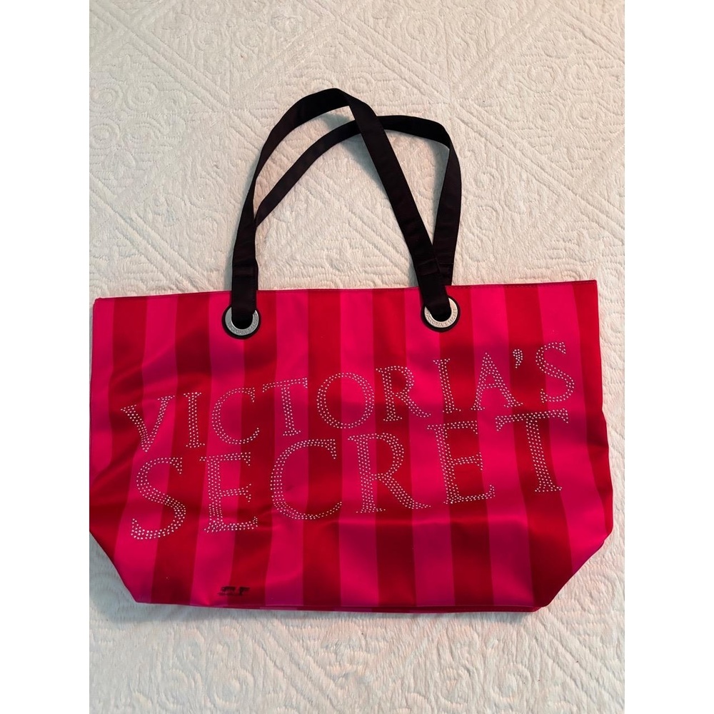 Victoria’s Secret Tote Bag Women’s Pink Red Stripe Rhinestone Shopper Beach bag